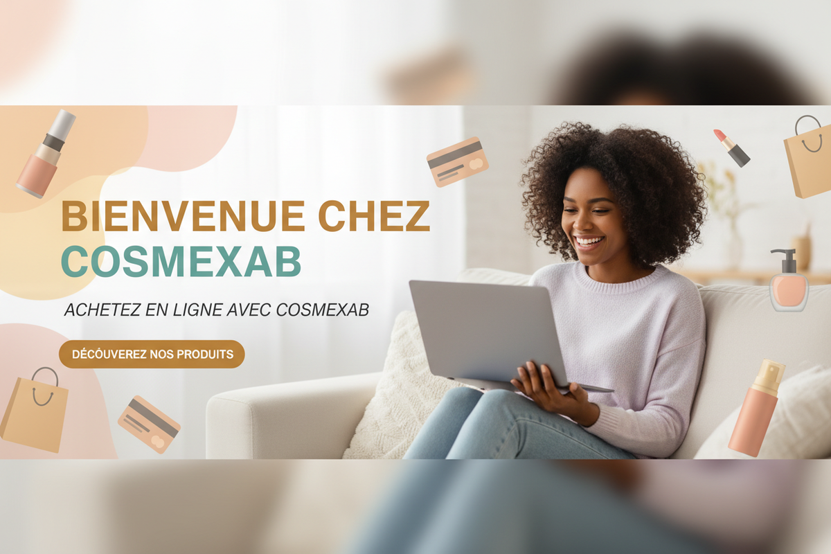 non je precise une affiche du e-commerce et  je vais utiliser cette affiche sur la page d'accueil shopify mais je veux que toi tu puisse me concevoir une affiche de mon business qui est le e-commerce mettant en avant par exemple une personne de peau noir qui achète en ligne et met les écris en français en prenant le nom de ma boutique Cosmexab